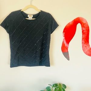 Talbots Black Merino Wool Embellished Beaded Short Sleeve Sweater